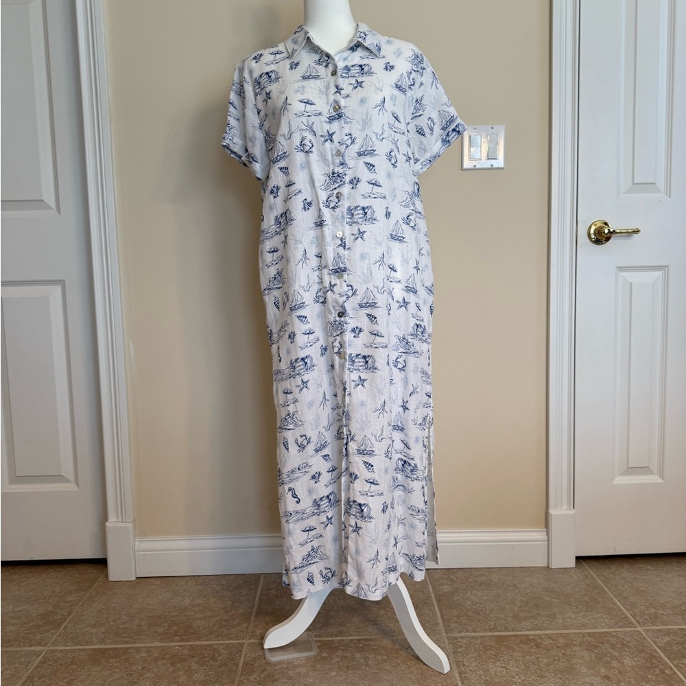 Martha Stewart Linen Shirt with Blue Patterns